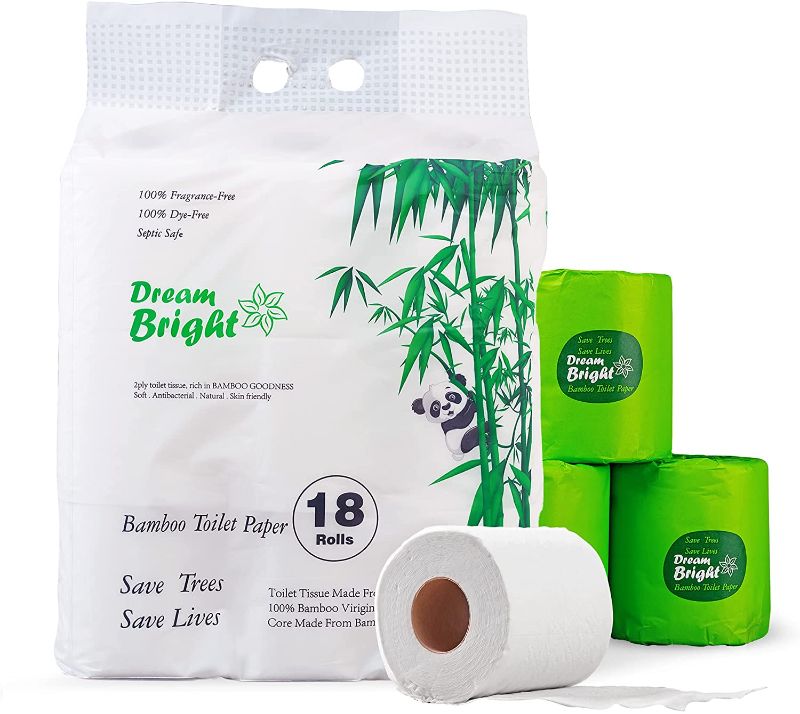 Photo 1 of Dream Bright - 100% Bamboo Pulp Toilet Paper, 300 X 2-ply Sheets Per Roll, Biodegradable and Extra Soft Bathroom Tissue, 18 Rolls
