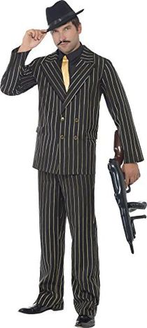 Photo 1 of Gold Pinstripe Gangster Costume, Black, with Jacket, Trousers, Shirt Front & Tie - (Size: XL)` Men's Costumes