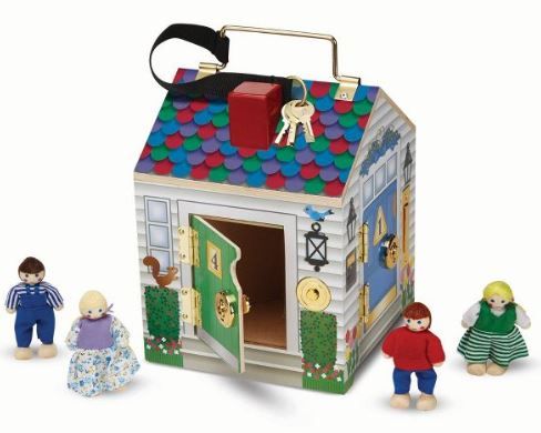 Photo 1 of Melissa & Doug Take-Along Wooden Doorbell Dollhouse - Doorbell Sounds, Keys, 4 Poseable Wooden Dolls

