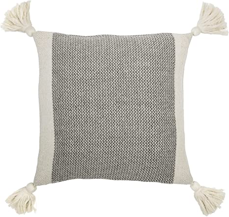 Photo 1 of Bloomingville A40110195U1 Grey & Cream Corner Grey Square Cotton Blend Pillow with Tassels, 18"
