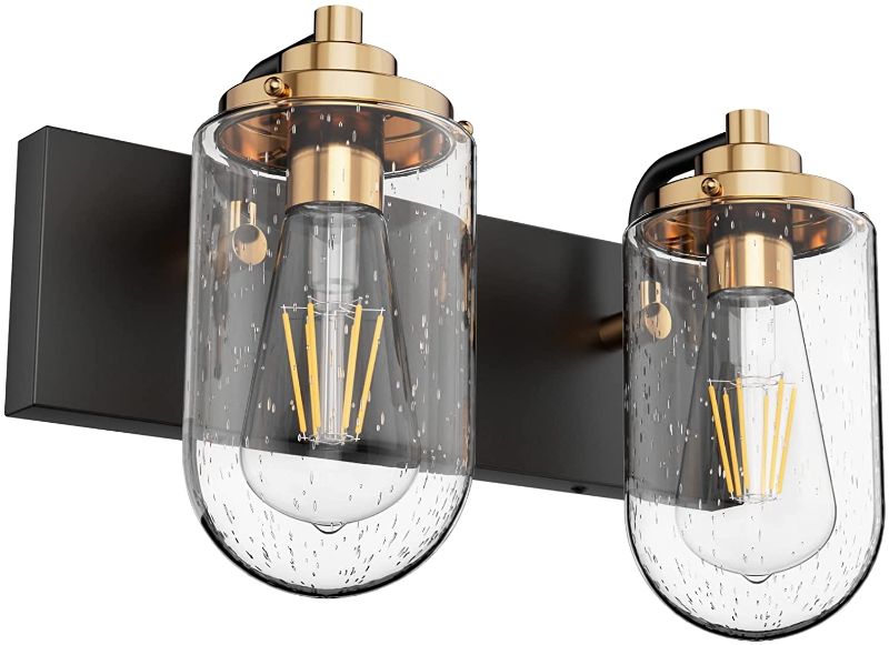 Photo 1 of Ralbay 2 Light Black Gold Vintage Bathroom Light Fixtures Over Mirror Seeded Glass Black/Gold Bathroom Vanity Lights
