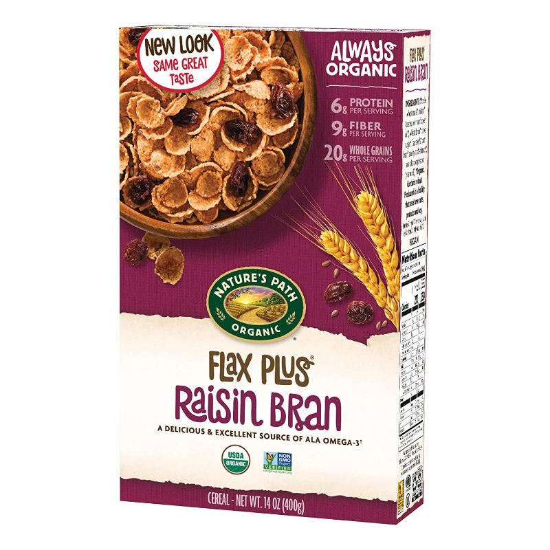 Photo 1 of 2 SETS Nature's Path Organic Flax Plus Raisin Bran Cereal, Non-GMO, 20g Whole Grains, with Omega-3 Rich Flax Seeds, 14 Ounce - Pack of 4, BEST BY 14 JAN 2022
