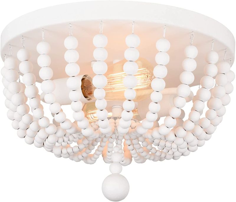 Photo 1 of ALICE HOUSE 14.1" Flush Mount Light, White Wood Bead Chandelier, 2 Light Ceiling Light for Bedroom, Hallway, Foyer, ETL Listed, AL9031-S2
