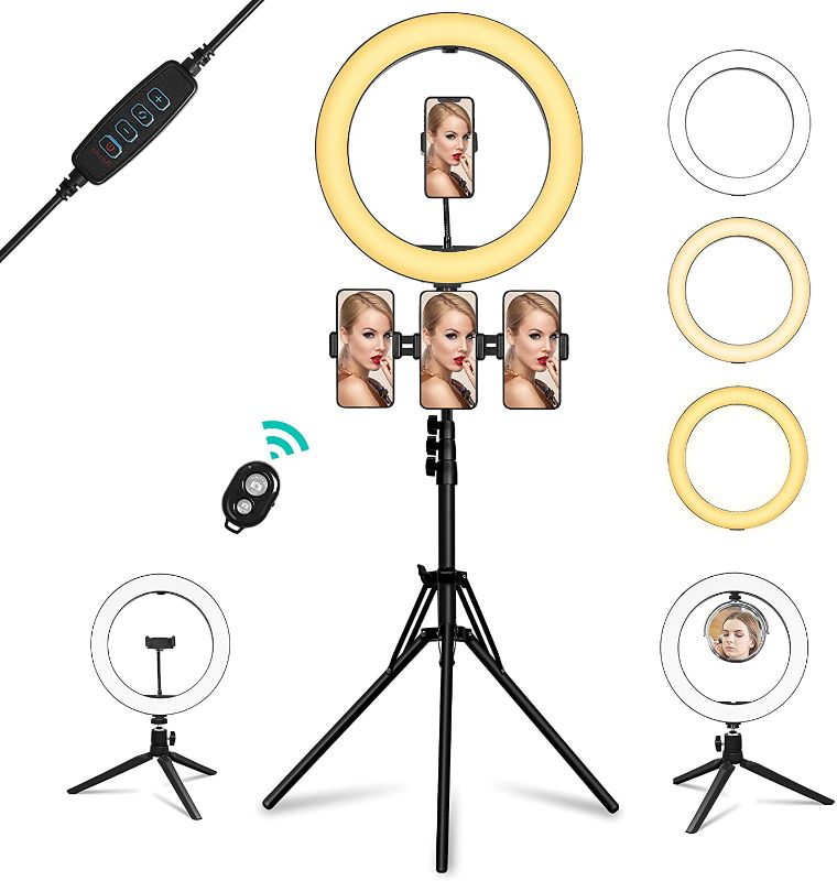 Photo 1 of Ring Light with Mirror, Summifit 14“ Circle LED Light, Bluetooth Halo Lighting with 2 Tripod Stand, 3 Phone Holder for YouTube, TikTok, Live Streaming, Makeup, Selfie, iPhone Android
