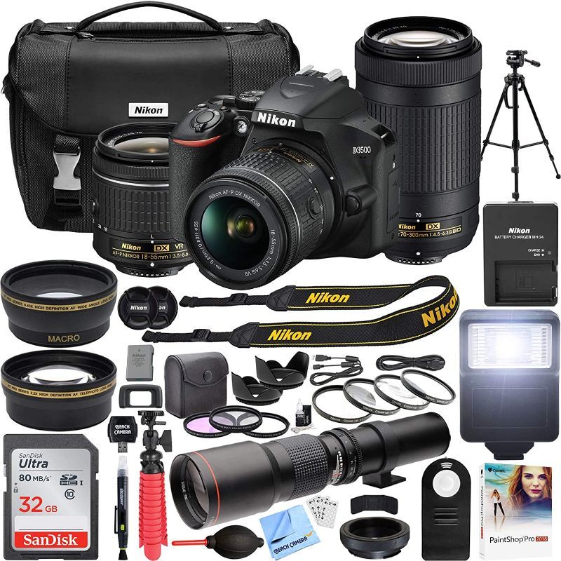 Photo 1 of NIKON D3500 DSLR CAMERA WITH 2 LENS NIKKOR AF-P DX 18-55MM F/3.5-5.6G VR AND 70-300MM F/4.5-6.3G ED DUAL ZOOM LENS BUNDLE WITH 500MM PRESET F/8 TELEPHOTO LENS AND ACCESSORIES (22 ITEMS) BATTERY NOT PRESENT, COULD NOT TEST FUNCTIONALITY IN FACILITY