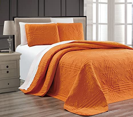 Photo 1 of 3-Piece Orange Oversize Stella Grande Bedspread Queen / Full Embossed Coverlet Set 106 by 100-Inch