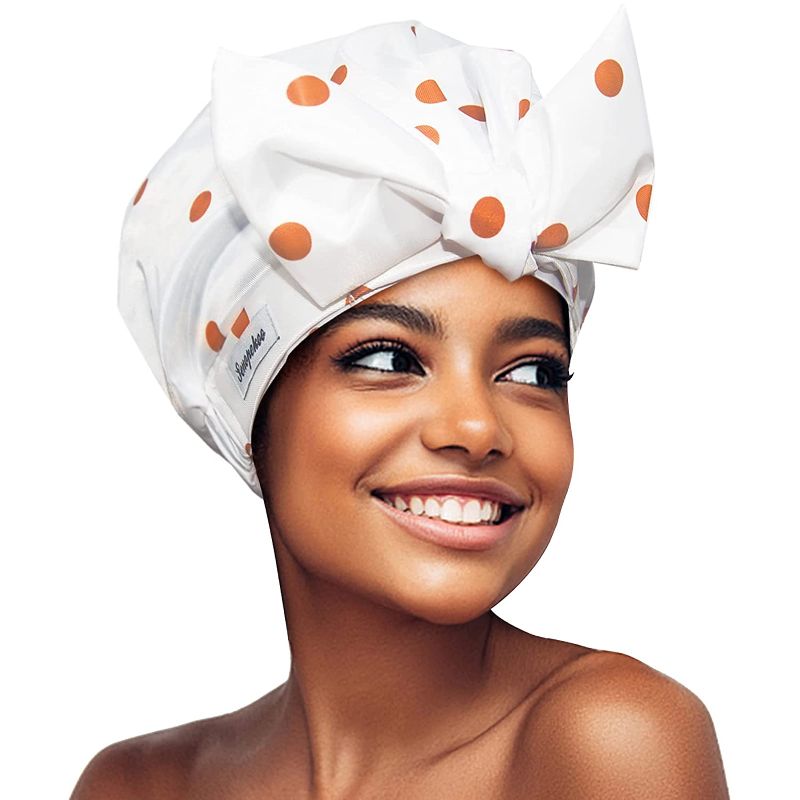 Photo 1 of SENOPEKOO Shower Cap for Women, Reusable Double Layer Shower Cap for Long Hair, Large Adjustable Cute Bowknot Lined Bath Cap, Waterproof Luxury Hair Cap for All Hair Style, Wide Elastic Band (Polka Dot - Orange)
