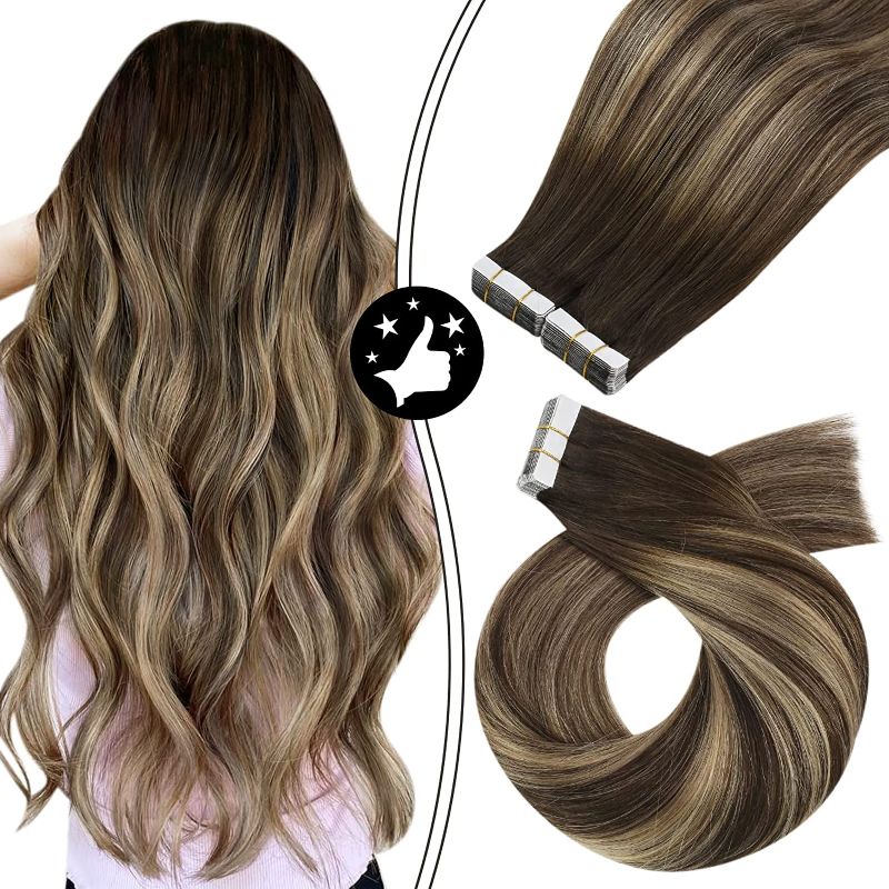 Photo 1 of Moresoo Balayage Tape in Hair Extensions 16 Inch Human Hair Tape in Extensions Color #4 Ombre #27 Caramel Blonde with #4 Brown Hair Extensions Full Head 100g