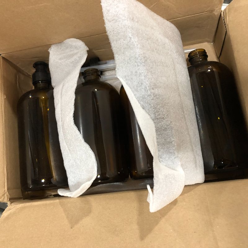 Photo 2 of 32 Ounce Large Amber Glass Boston Bottles w Black Pumps. Lotions, Soaps, and Detergent