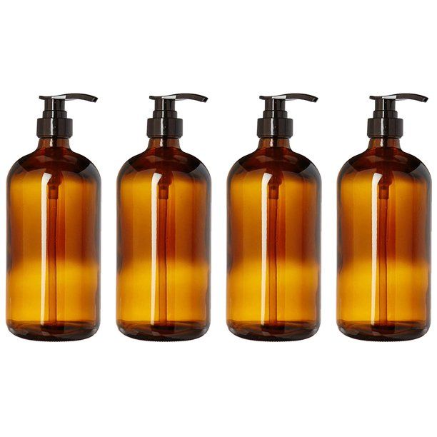 Photo 1 of 32 Ounce Large Amber Glass Boston Bottles w Black Pumps. Lotions, Soaps, and Detergent