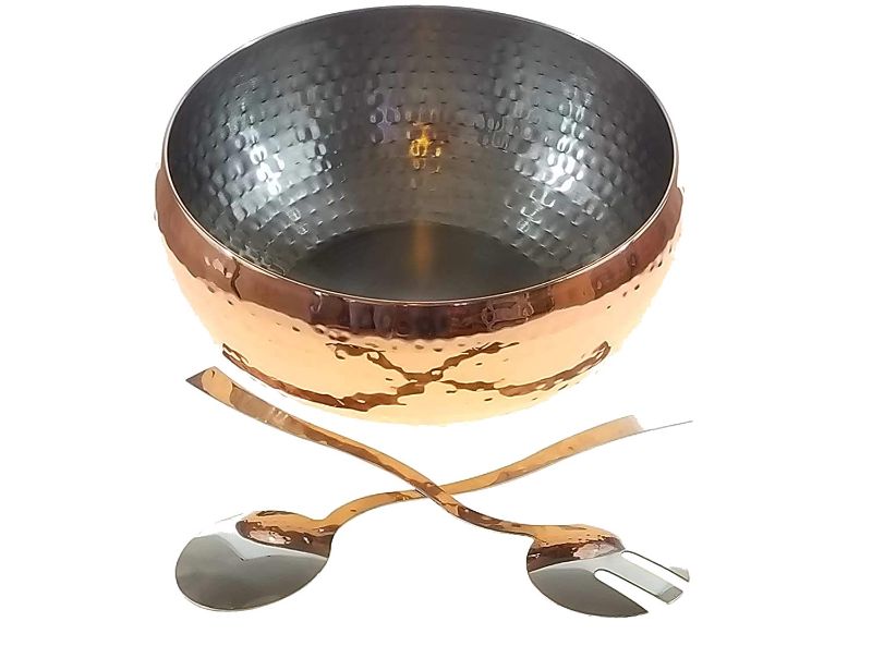 Photo 1 of 3pc Copper Accented Hammered Salad Bowl with 2 Serving Utensils - Complete With Matching Oversized Spoon and Fork - Use as a Salad Bowl, Fruit Bowl or Even For Pasta - Elegant and Stylish Serving Bowl
