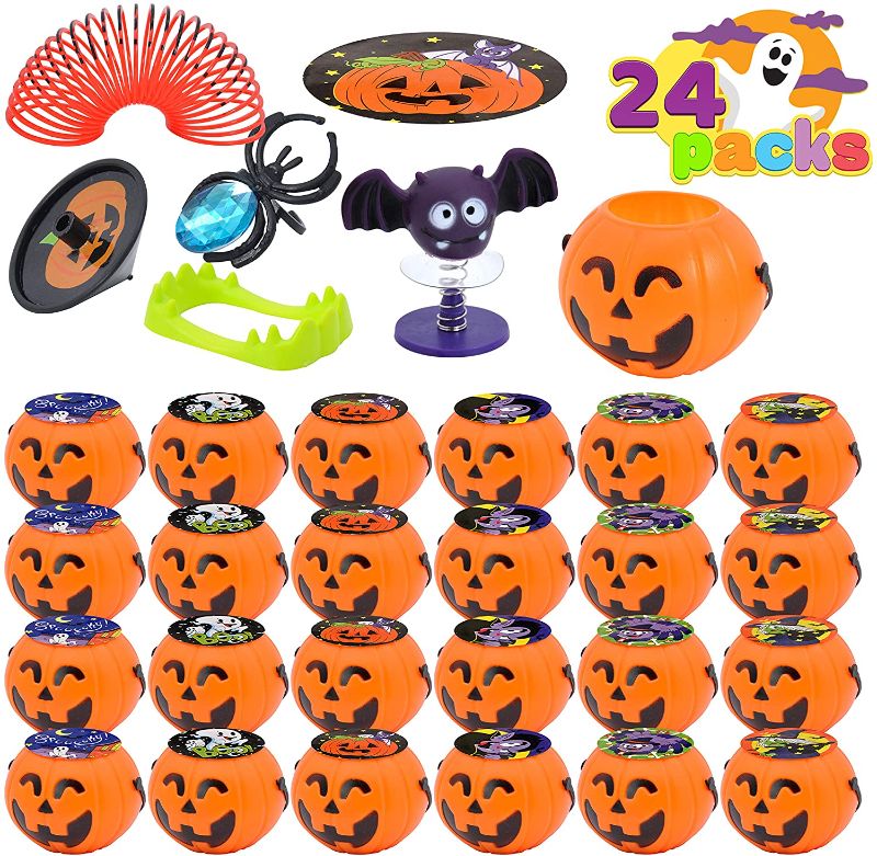 Photo 1 of JOYIN 120 Pcs Halloween Toy Gifts for Kids, 24 Pack Prefilled Mini Pumpkin Buckets with Spider Rings, Poppers, Spring, Vampire Teeth and Spinning Tops for Kids Halloween Party Favors Trick or Treat
