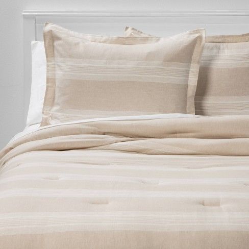 Photo 1 of Full/Queen Chambray Yarn Dye Stripe Comforter & Sham Set Beige - Threshold