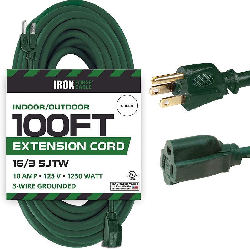 Photo 1 of 100 Foot Outdoor Extension Cord - 16/3 SJTW Durable Green Extension Cable with 3 Prong Grounded Plug for Safety
