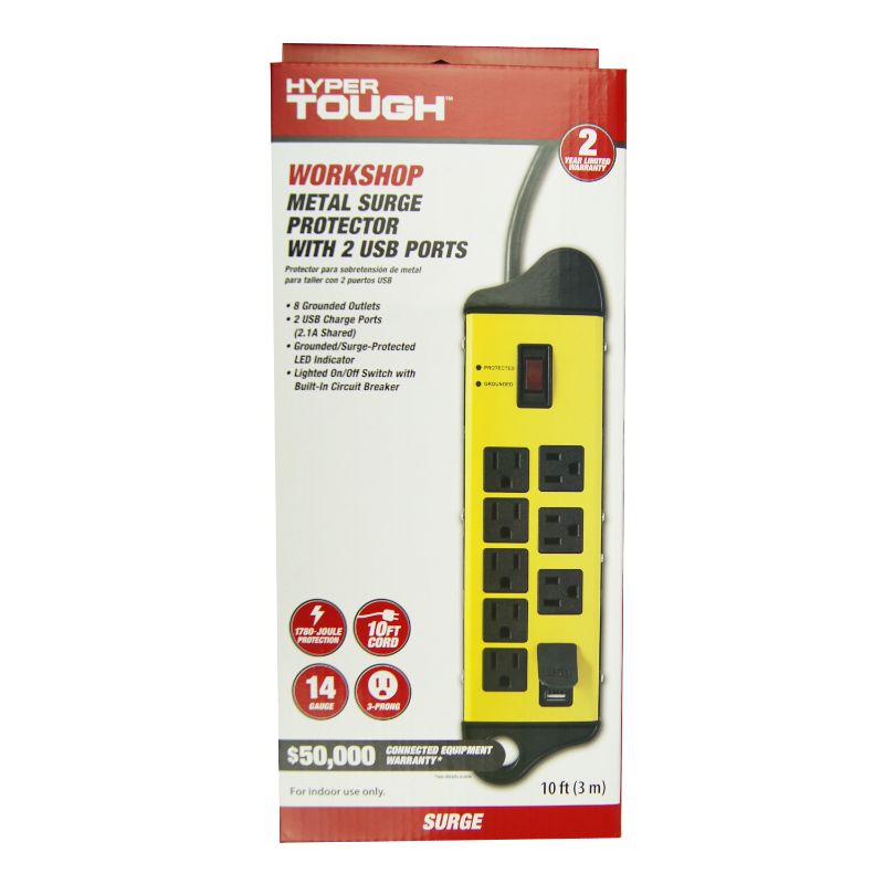 Photo 1 of Hyper Tough 8-Outlet 10ft Metal Surge 1780-Joule Protection with 2 Usb, Yellow