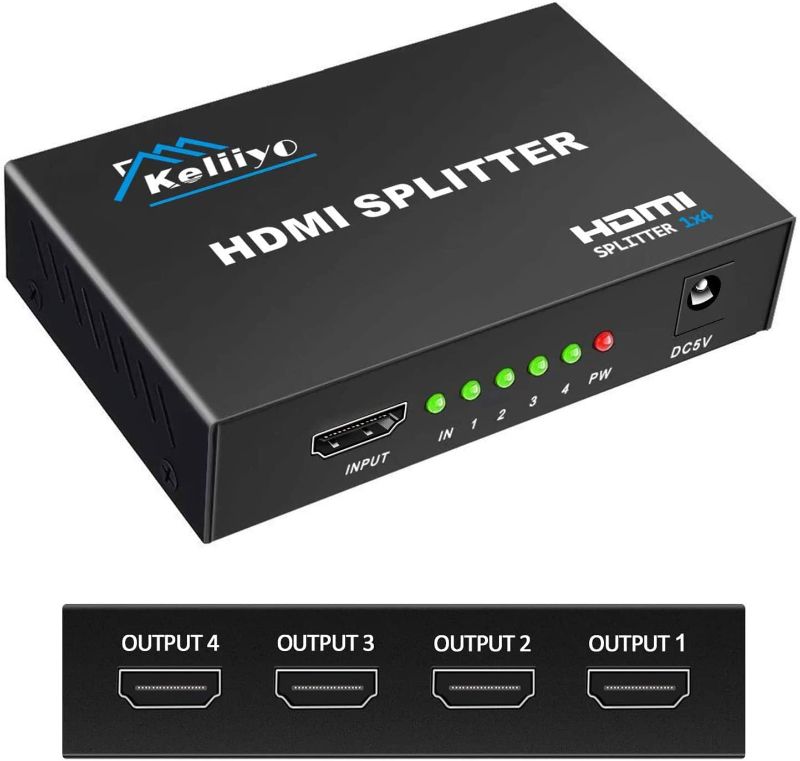 Photo 1 of KELIIYO Hdmi Splitter 1 in 4 Out V1.4b Powered Hdmi Video Splitter with AC Adaptor Duplicate/Mirror Screen Monitor Supports Ultra HD 1080P 2K x4K@30Hz and 3D Resolutions (1 Input to 4 Outputs)
