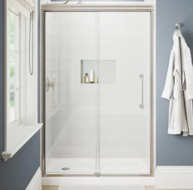 Photo 1 of Ashmore 48 in. W x 74-3/8 in. H Sliding Frameless Shower Door in Nickel with 5/16 in. (8 mm) Clear Glass

