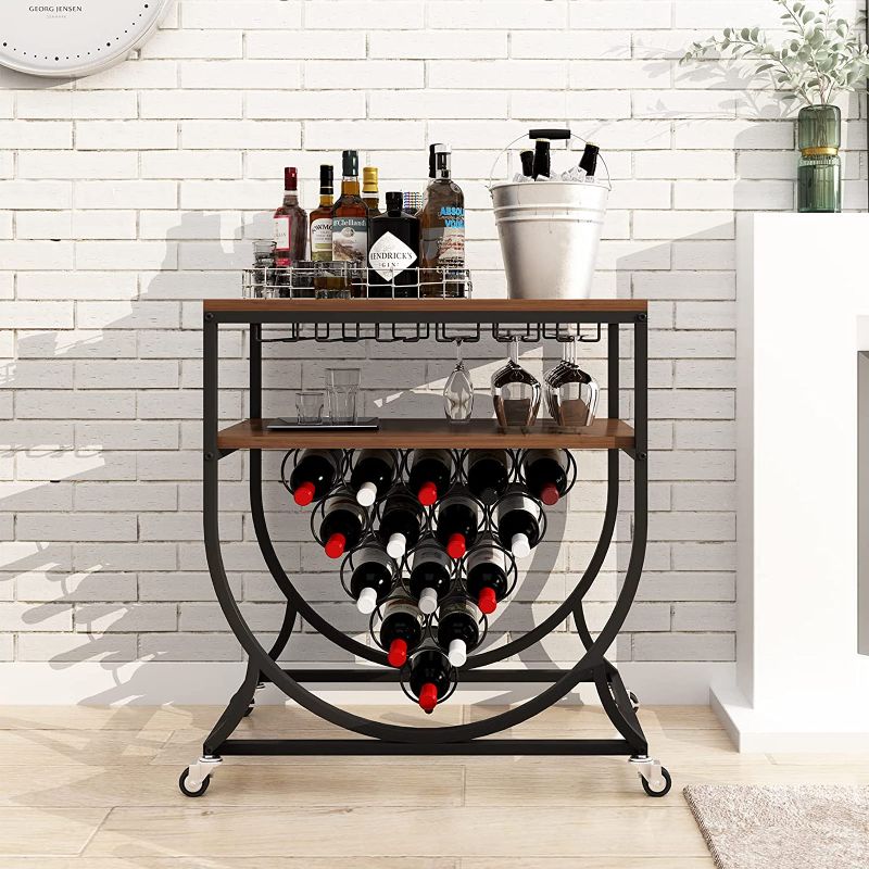 Photo 1 of BENOSS 15-Bottle Wine Rack Freestanding Floor Industrial Bar Cart for Home, Metal & Wood Wine Display Rack with Glass Holder, Kitchen Wine Storage Cabinet, Vintage Brown
