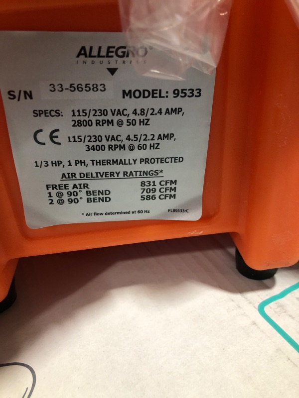 Photo 2 of Allegro Industries-9533-25 32" X 13 12" X 14 12" 831 cfm 13 hp 115 VAC 3 A Motor Polyethylene Com-Pax-Ial Blower with Canister and 8" X 25' Duct,Orange
