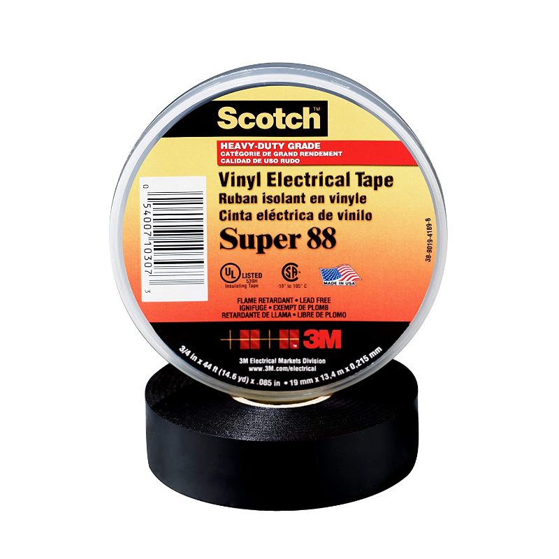 Photo 1 of 3M Scotch Vinyl Electrical Tape Super 88, Premium Grade All-Weather, 3/4 in x 44 ft, 8.5-mil thick, Black, 1 roll
