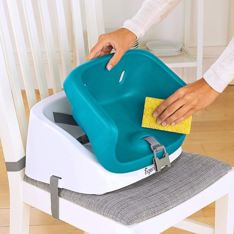 Photo 1 of Ingenuity SmartClean Toddler Booster Seat for Dining Table with 3-Point Harness Straps, Peacock Blue
