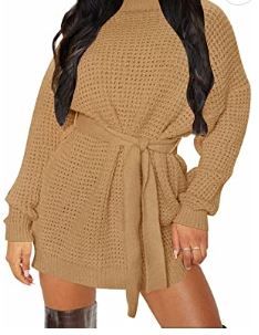 Photo 1 of ZESICA Women's Long Sleeve Solid Color Waffle Knitted Tie Waist Tunic Pullover Sweater Dress---small
