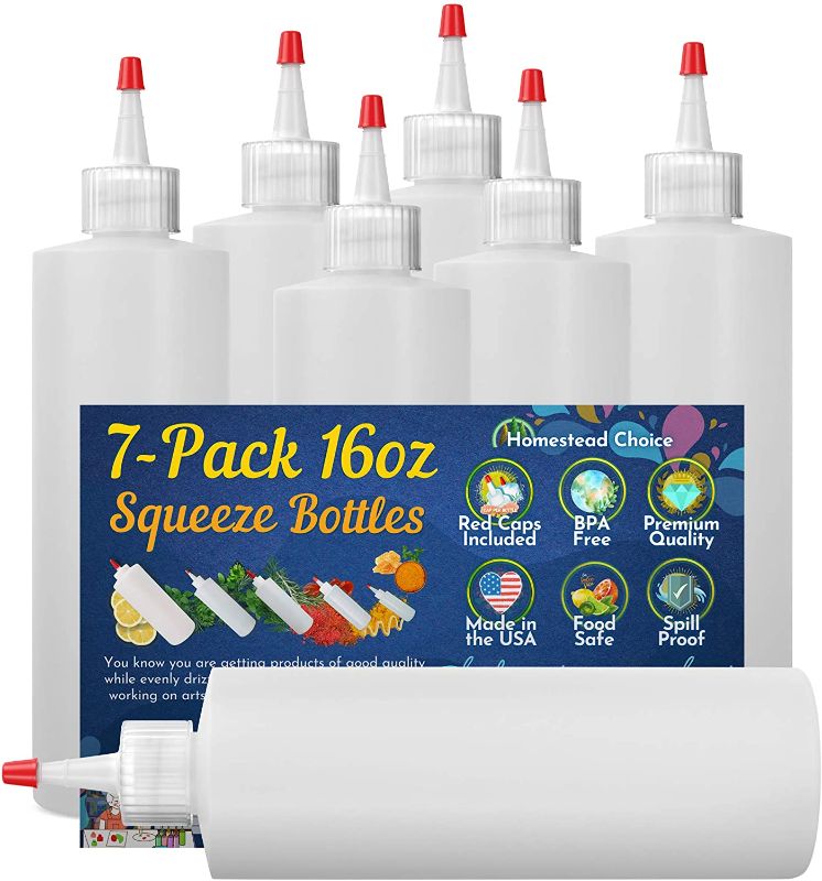 Photo 1 of 7-pack Plastic Condiment Squeeze Bottles - 16 Ounce with Red Tip Cap - Made in USA - Perfect for Ketchup, BBQ, Sauces, Syrup, Condiments, Dressings, Arts and Crafts
