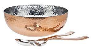 Photo 1 of 3pc Copper Accented Hammered Salad Bowl with 2 Serving Utensils - Complete With Matching Oversized Spoon and Fork - Use as a Salad Bowl, Fruit Bowl or Even For Pasta - Elegant and Stylish Serving Bowl
