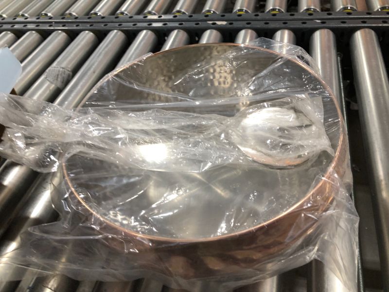 Photo 2 of 3pc Copper Accented Hammered Salad Bowl with 2 Serving Utensils - Complete With Matching Oversized Spoon and Fork - Use as a Salad Bowl, Fruit Bowl or Even For Pasta - Elegant and Stylish Serving Bowl
