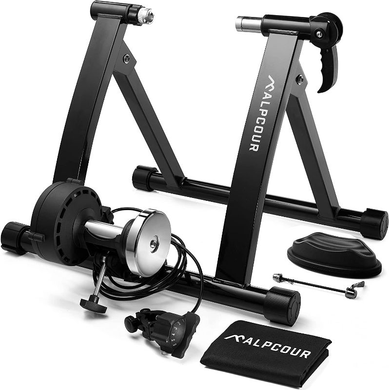 Photo 1 of Alpcour Bike Trainer Stand for Indoor Riding – Portable Stainless Steel Indoor Trainer w/Magnetic Flywheel, Noise Reduction, 6 Resistance Settings & Bag – Stationary Exercise for Road & Mountain Bikes
