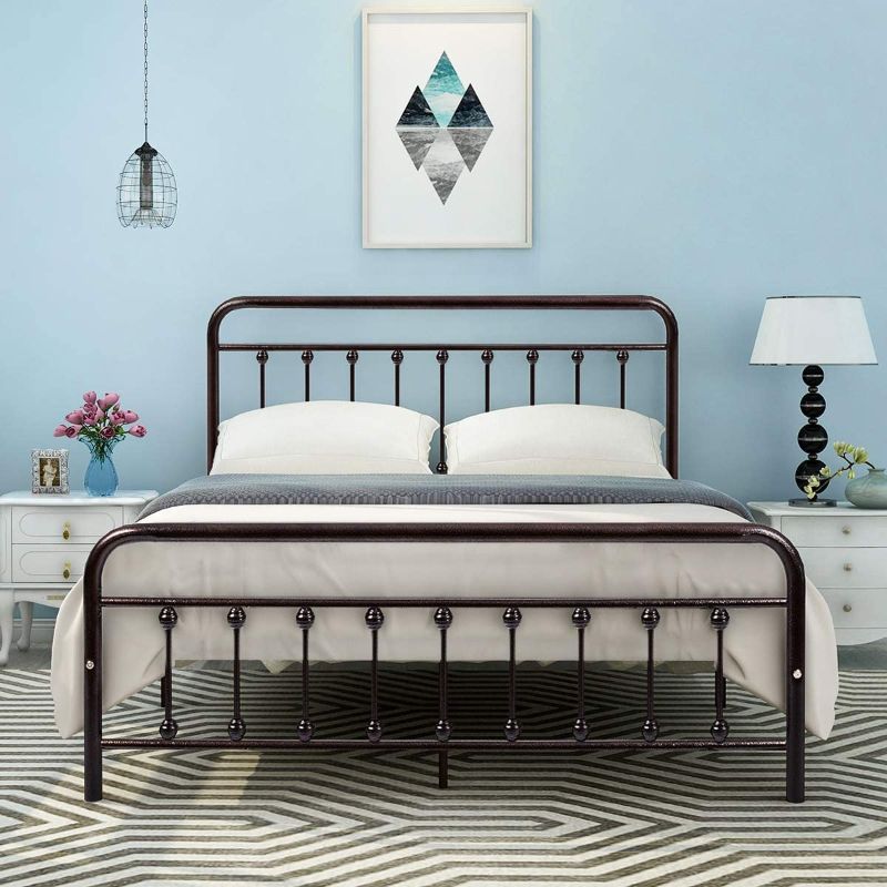 Photo 1 of DUMEE Queen Bed Frame with Headboard and Footboard Metal Platform Bed Frame Queen Size Under Bed Storage No Box Spring Needed, Antique Brown
