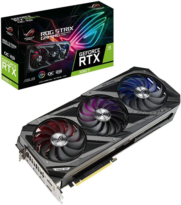 Photo 1 of ASUS ROG Strix NVIDIA GeForce RTX 3080 Ti OC Edition Gaming Graphics Card (PCIe 4.0, 12GB GDDR6X, HDMI 2.1, DisplayPort 1.4a, Axial-tech Fan Design, 2.9-Slot, Super Alloy Power II, GPU Tweak II)--- can not test
