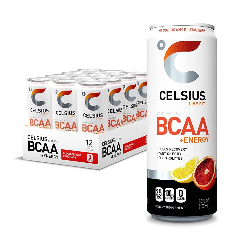 Photo 1 of CELSIUS BCAA +Energy Sparkling Post-Workout Recovery & Hydration Drink, Slim Can, Blood Orange Lemonade, 12oz (Pack of 12), 144 Fl Oz--- exp 03-2023
