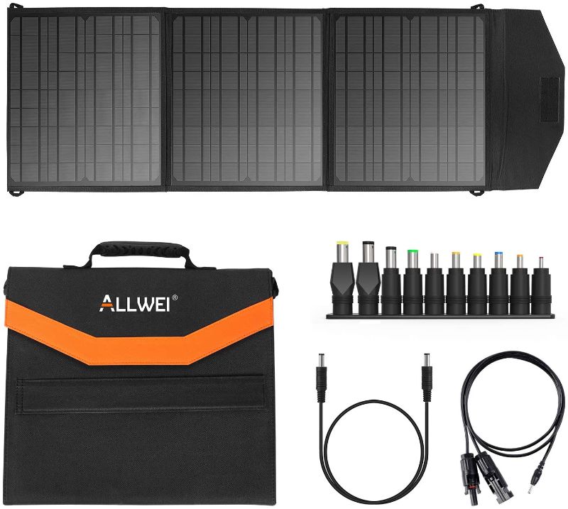 Photo 1 of ALLWEI 60W Portable Solar Panel, Upgraded Foldable Solar Charger for Portable Generator Power Station, Come with Multi-Specification DC Adapters for Jackery Flashfish BALDR Rockpal and More

