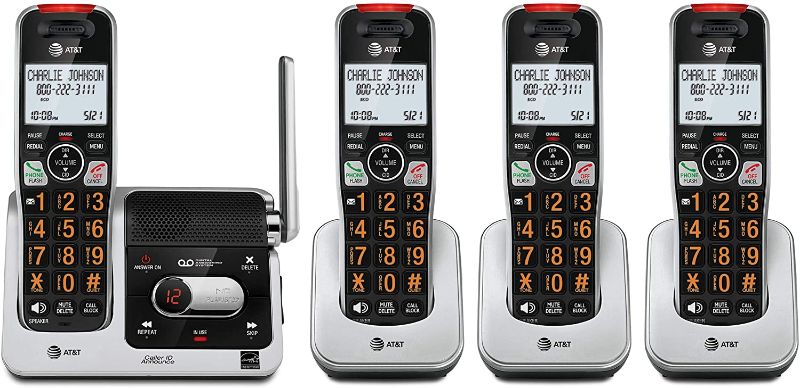 Photo 1 of AT&T BL102-4 DECT 6.0 4-Handset Cordless Phone for Home with Answering Machine, Call Blocking, Caller ID Announcer, Audio Assist, Intercom, and Unsurpassed Range, Silver/Black
