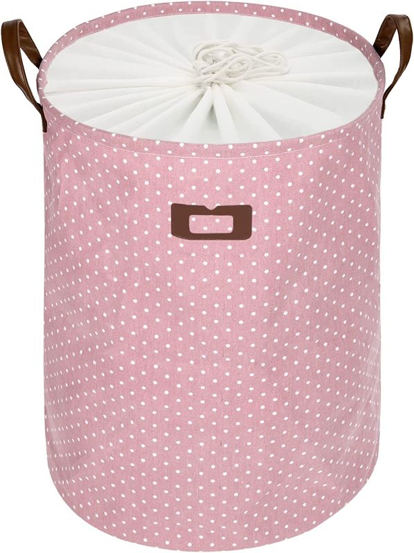 Photo 1 of  Freestanding Laundry Basket with Lid, Collapsible Large Drawstring Clothes Hamper Storage with Handle (Pink, L)
