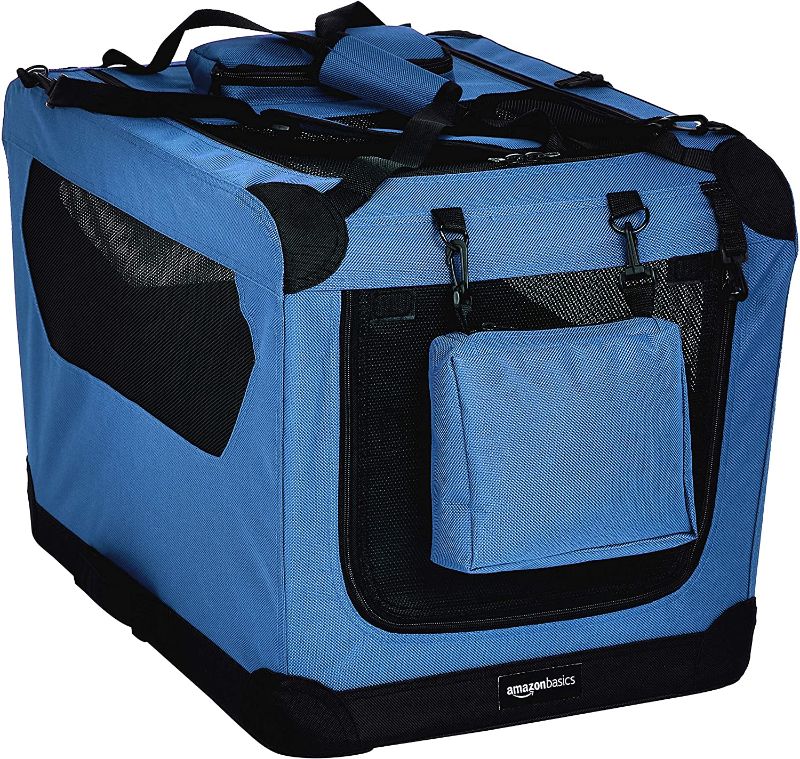 Photo 1 of Amazon Basics Folding Portable Soft Pet Dog Crate Carrier Kennel - 26 x 18 x 18 Inches, Blue
