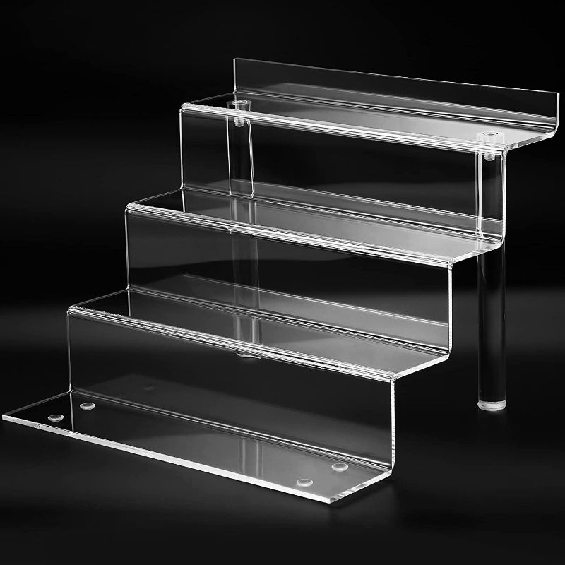 Photo 1 of Clear Acrylic Display Riser Shelf for Funko POP, Perfume Organizer and Pokemon Amiibo Action Figure Holder, 9 in Makeup Organizer, Collection Display Stand
