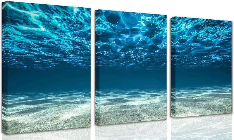 Photo 1 of 3 Panel Blue Ocean Sea Canvas Wall Art for Living Room, Seaview Bottom Pictures Painting Artwork Wall Decor - Home Office Decor Each 12x16 inch.
