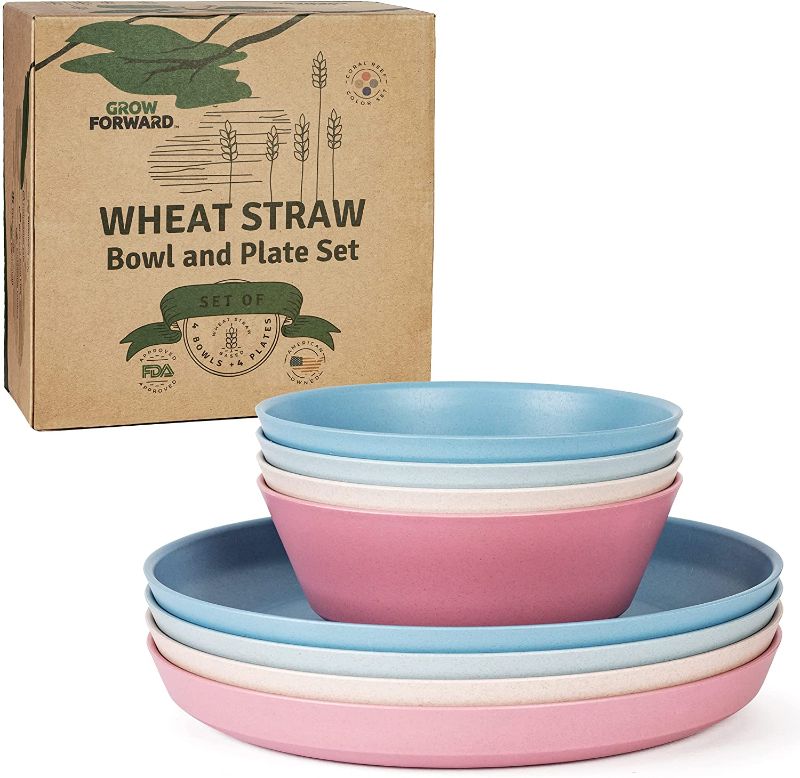 Photo 1 of Grow Forward Premium Wheat Straw Dinnerware Sets - 8 Piece Unbreakable Microwave Safe Dishes - Reusable Wheat Straw Plates and Bowls Sets - Wheat Straw Bowls for Cereal, Soup, Camping, RV - Coral Reef
