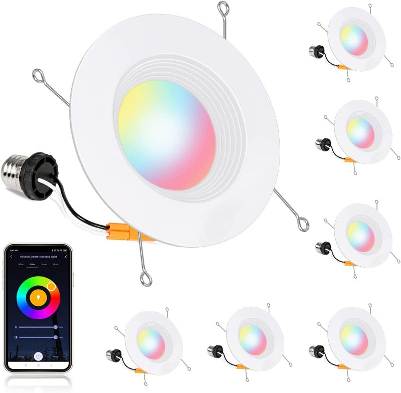 Photo 1 of 5/6 inch Smart Wi-Fi LED Recessed Downlight, RGBW Color Changing Tunable White LED Can Lights, Baffle Trim, 15w=100w, 1100lm, Compatible with Alexa and Google Assistant - 6 Pack
