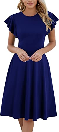 Photo 1 of HELYO Women's Semi-Formal Ruffle Sleeves V-Back Work Fit and Flare Cocktail Wedding Guest Dress with Pockets 842
size large 