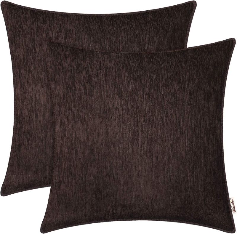 Photo 1 of Brawarm Deep Brown Pillow Covers 24X 24Inches, Deep Brown Chenille Throw Pillows with Piping Pack of 2, Soft Comfy Chenille Lumbar Couch Cases for Living Room Garden
