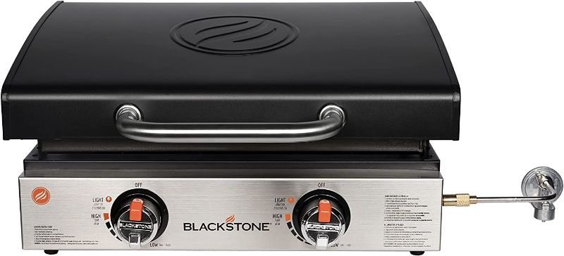 Photo 1 of Blackstone 1813 Stainless Steel Propane Gas Hood Portable, Flat Griddle Grill Station for Kitchen, Camping, Outdoor, Tailgating, Tabletop, Countertop – Heavy Duty, 12, 000 BTUs, 22 Inch, Black MISSING COVER 
