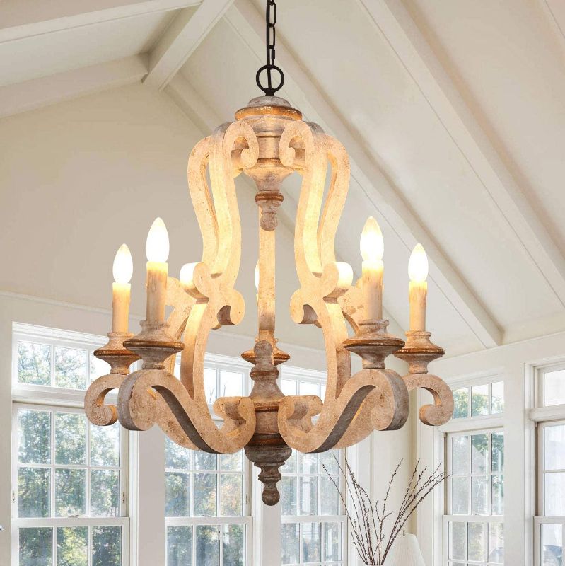 Photo 1 of 5-Light Farmhouse Chandelier, Antique White Wood Chandelier Dining Room Chandelier for Kitchen, Living Room, Bedroom, Entry, Stairway
