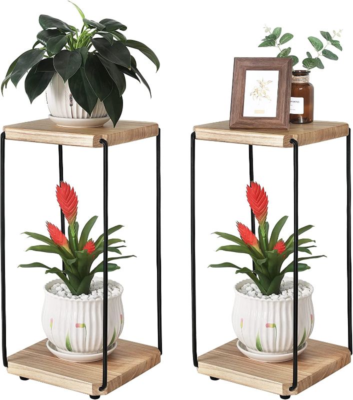 Photo 1 of CekPo Wood Plant Stand Indoor, 2 Tier Tall Plant Shelf Flower Pot Stands Display Rack Holder Outdoor, Solid Wood Planter Stands Shelves with Iron Supporting Legs for Corner Living Room Garden