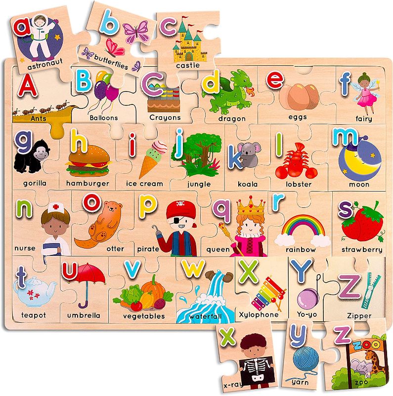 Photo 1 of Pack of 4 Wooden Alphabet Puzzle for Kids - Big 17x12 ABC Puzzles, Matching Uppercase & Lowercase Letters, ABC Learning for Toddlers, Preschool Learning Games Ages 3+ Educational Toys for Toddlers