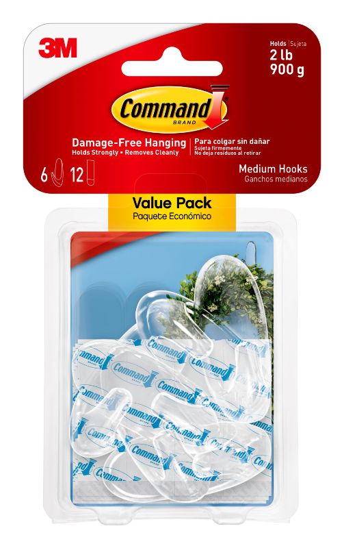 Photo 1 of 3M Command Removable Hooks, Medium, Clear, Pack of 6
