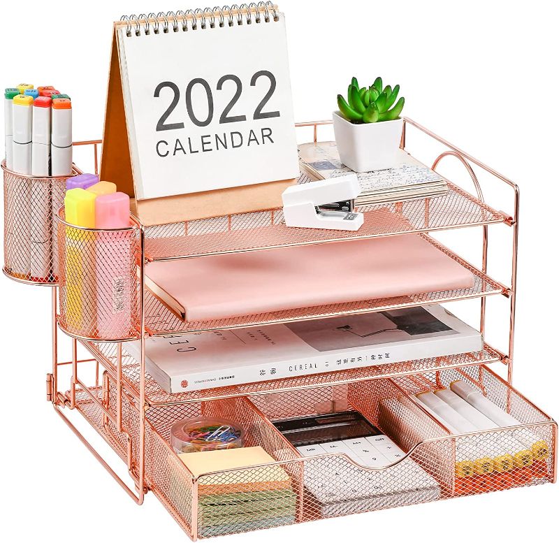 Photo 1 of Marbrasse Rose Gold Desk Organizers, 4-Trays Desktop File Organizer with Pen Holder, Paper Organizer with Drawer, Mesh Desk Organizers and Accessories for Home Office Organization
