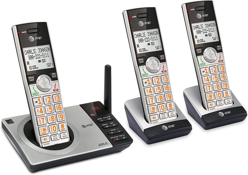 Photo 1 of AT&T DECT 6.0 Expandable Cordless Phone with Answering System, Silver/Black with 3 Handsets
